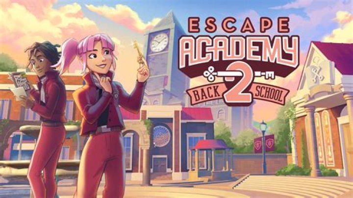 A courtyard at Escape Academy, with various lock and key-shaped sculptures in a garden area