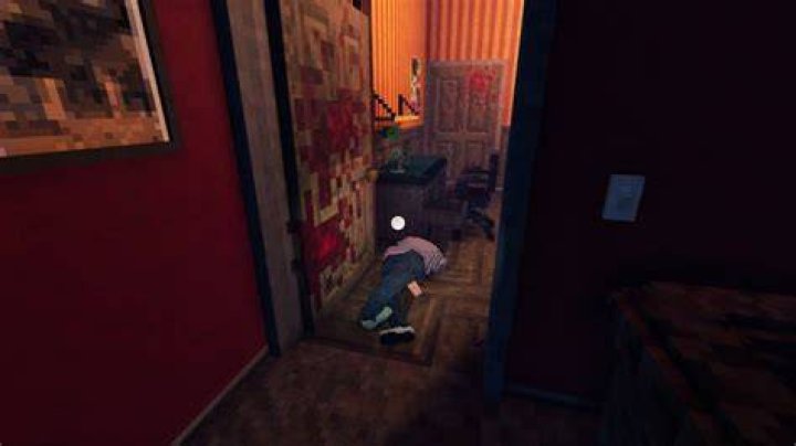 A dead citizen sprawls in a bloody doorway in Shadows of Doubt, ripe for the player to find and investigate.