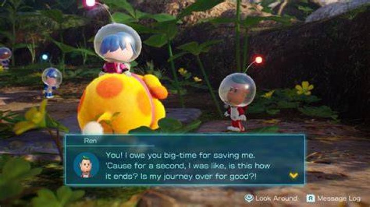 A Pikmin 4 explorer talks to Ren, another explorer, on the back of Oatchi