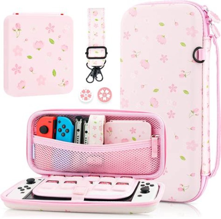 A pink Switch case featuring sticker-like images of Hello Kitty and her friends