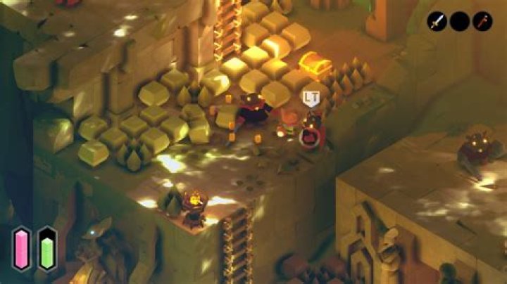 A Tunic screenshot showing LT near an enemy, signifying the lock-on prompt.