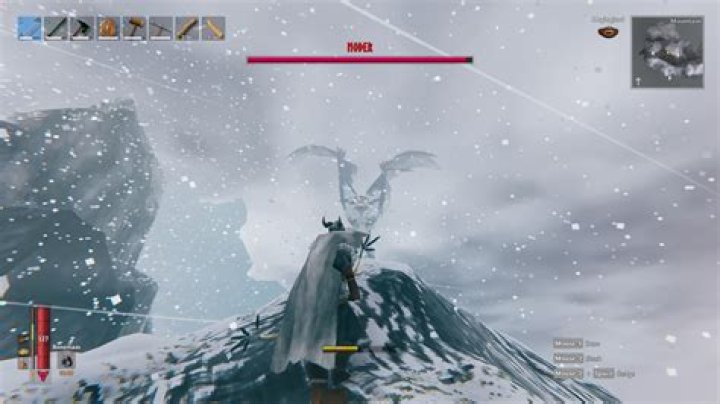 A Valheim player facing Moder on the mountain with a bow
