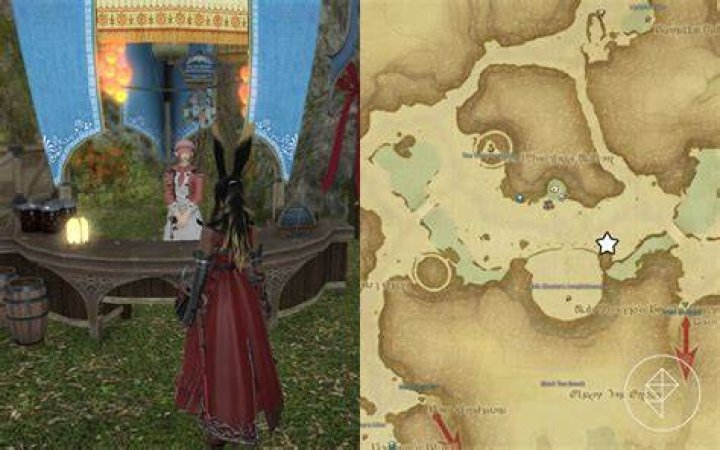 A Viera in red stands in front of a Valentoine NPC in a red maid dress