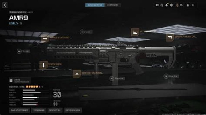 An AMR9 loadout screen in Modern Warfare 3.