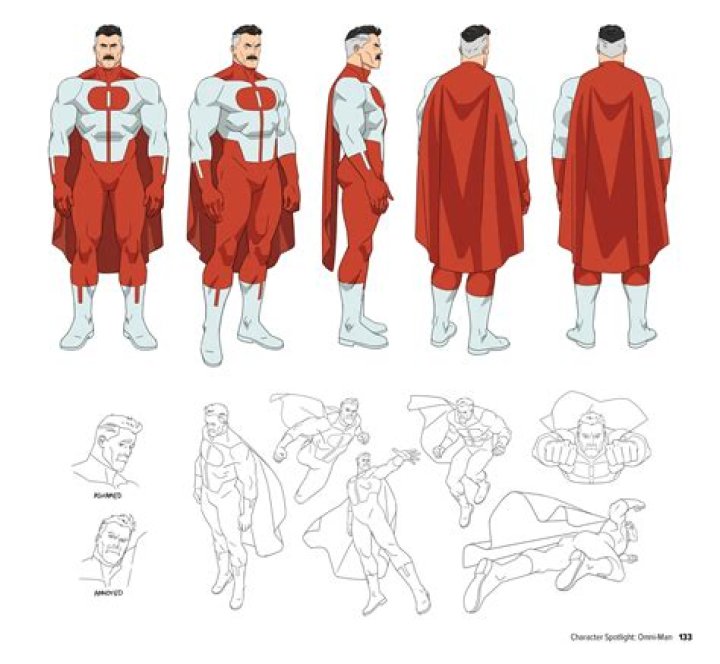 Character designs for Omni-Man, Invincible, Atom Eve, and Robot from the Invincible animated series.