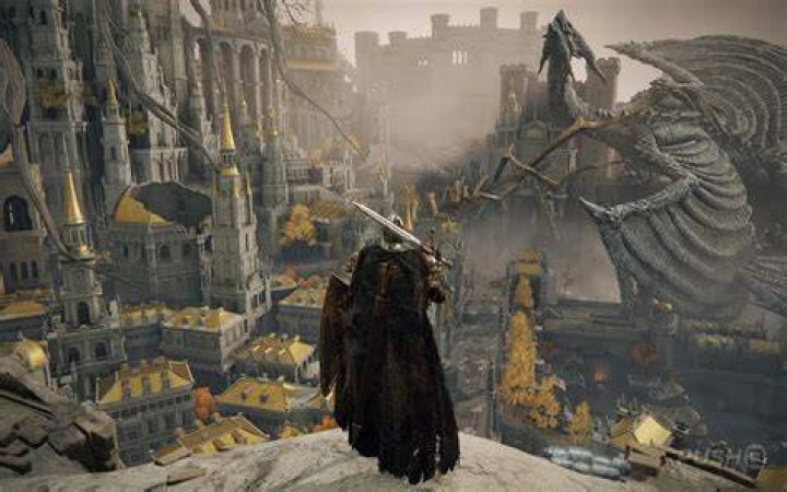 Elden Ring player in Leyndell, Capital of Ash standing on rooftops overlooking the Erdtree&rsquo;s Favor +2 Talisman location. There is an inset map of the region.