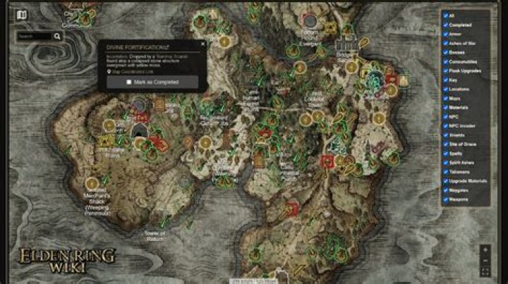 Elden Ring&rsquo;s map, showing the Tombsward Catacombs location in Weeping Peninsula.