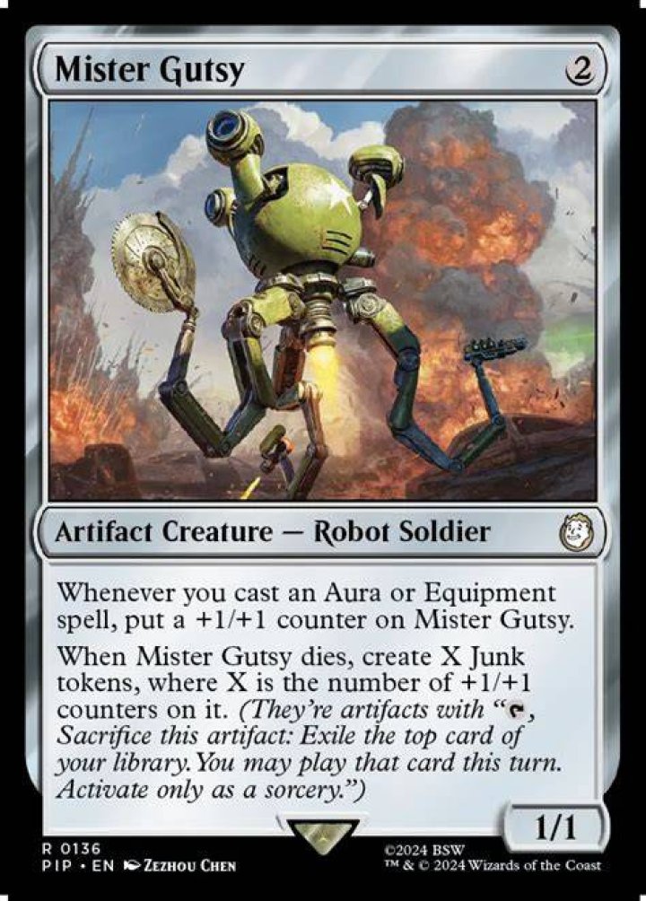 Mister Gutsy, a multi-armed robot next to an explosion, as a Magic: the Gathering Card. The card&rsquo;s description reads: Whenever you cast an Aura or Equpiment spell, put a +1/+1 counter on Mister Gutsy. When Mister Gutsy dies, create X Junk Tokens, where X is the number of +1/+1 counters on it.