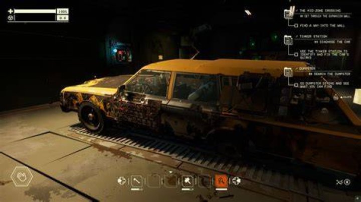 Pacific Drive car returning to the auto shop with only three wheels