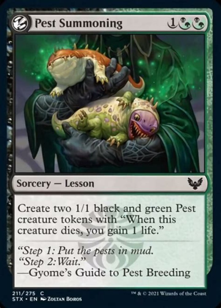 Pest Summoning: A Lesson that creates two 1/1 black and green Pest creature tokens.