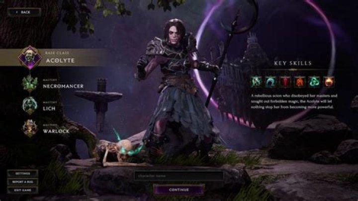 The Acolyte selection menu in Last Epoch