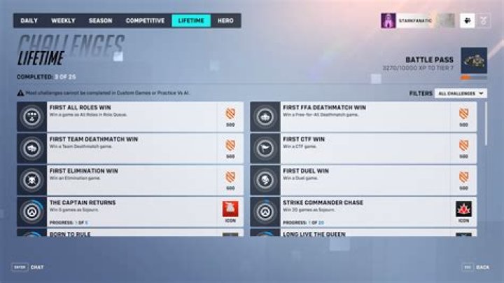The Lifetime Challenges menu in Overwatch 2, which gives players some small boosts for doing things for the first time