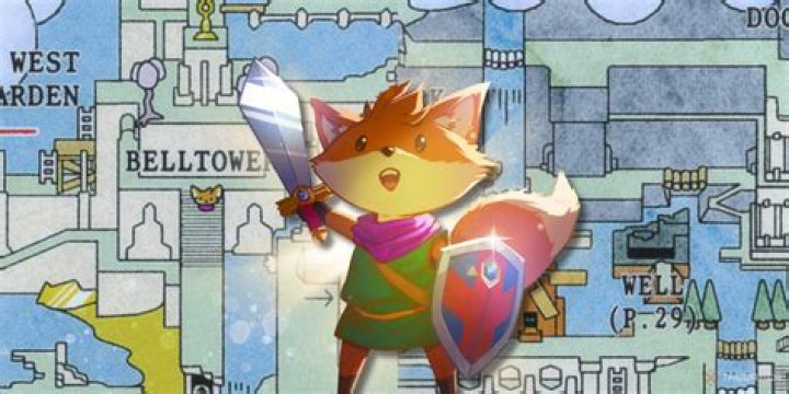 The main fox character stands next to a shrine in Tunic